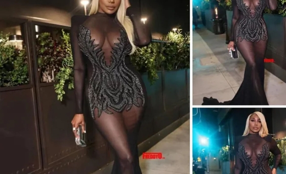 NENE LEAKES ALMOST SQUEEZES OUT OF HER SHEER NECKLINE HIGH-CUT DRESS